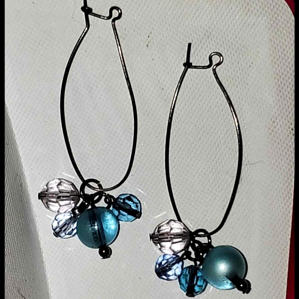 2.5" Drop Pierced Earrings Blue & Crystal Balls on Oblong Black Wire Hoops